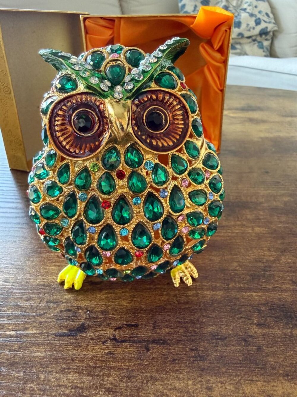 Large Jeweled Enamel Owl Trinket Box 11" Green Crystal Hinged Gold Tone Gift Box